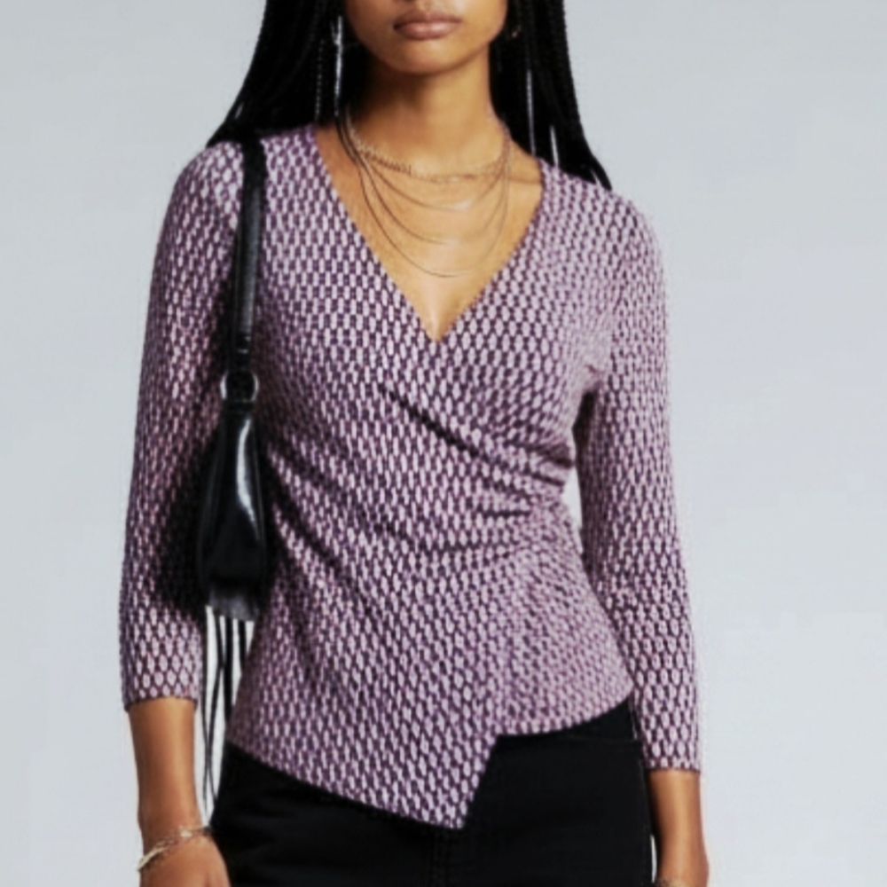 Soulmates Y2K Top Size S Asymmetrical Stretch Faux‎ Wrap Pink Black V Neck